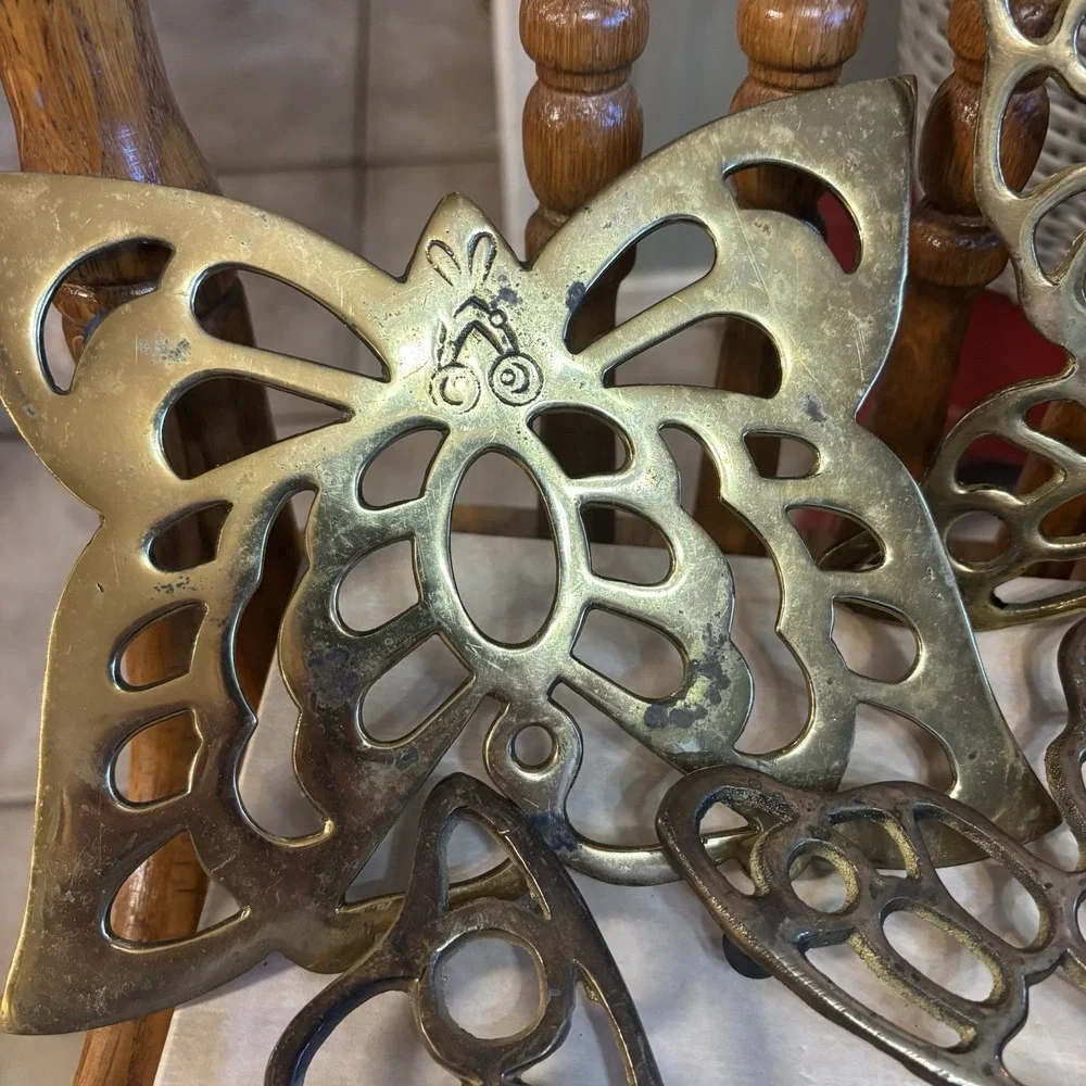 Vintage Patinated Four Brass‎ Butterflies, Trivets Wall Hangings Made In Taiwan